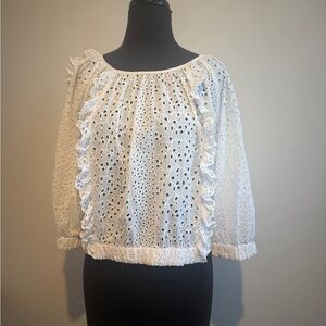 White House Black Market White Eyelet Ruffle Blouse